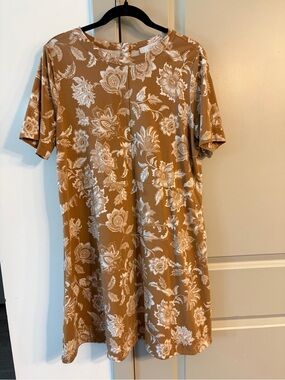LOFT Brown Floral Short Sleeve Dress with Cream Print